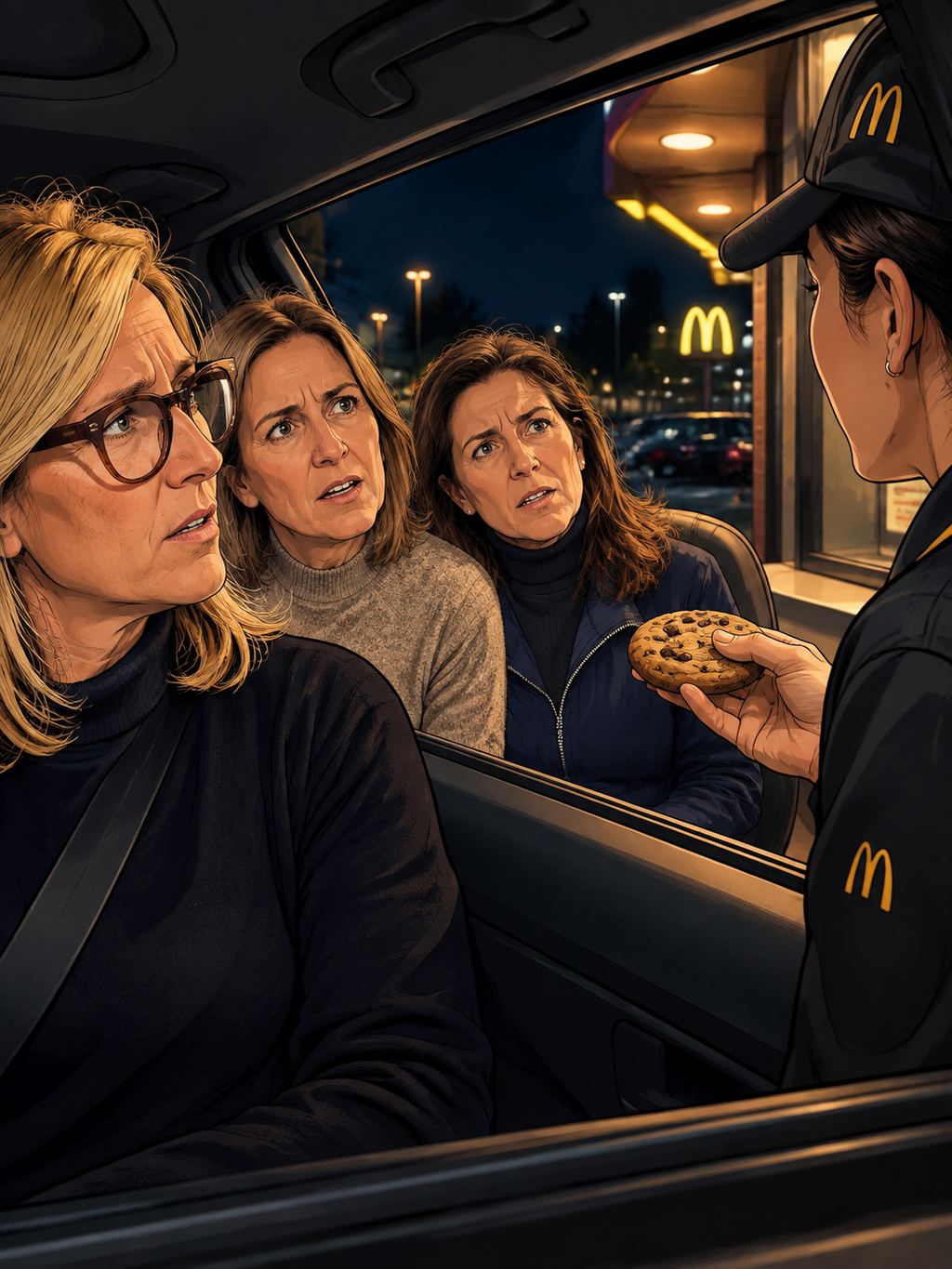 WO STERNE VERSPROCHEN WERDEN — page 7 panel 1: Nächtlicher Rückblick im McDrive. Julie, Conny und Sylvia sitzen gemeinsam im Auto. Eine weibliche Drive-through-Mitarbeiterin steht außerhalb des geöffneten Autofensters und hält genau einen Cookie hoch. Die drei Frauen starren verwirrt zu ihr.