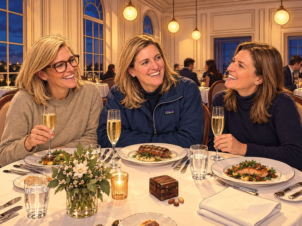 WO STERNE VERSPROCHEN WERDEN — page 8 panel 1: Conny sitzt links, Julie in der Mitte und Sylvia rechts an einem eleganten Restauranttisch. Alle drei lachen gemeinsam. Auf Julies Teller liegt als einziges Gericht Andouillette. Neben der kleinen Holztruhe liegen genau drei Nüsse.