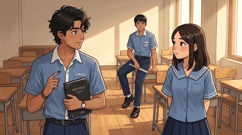 Letters I'll Never Send — Part One: Miles Between Us — page 10 panel 2: From the hallway, Ace and Sarah look into the classroom. Ace clutches his black leatherette notebook against his chest, while Sarah’s bright eyes follow LA’s impossible balance.