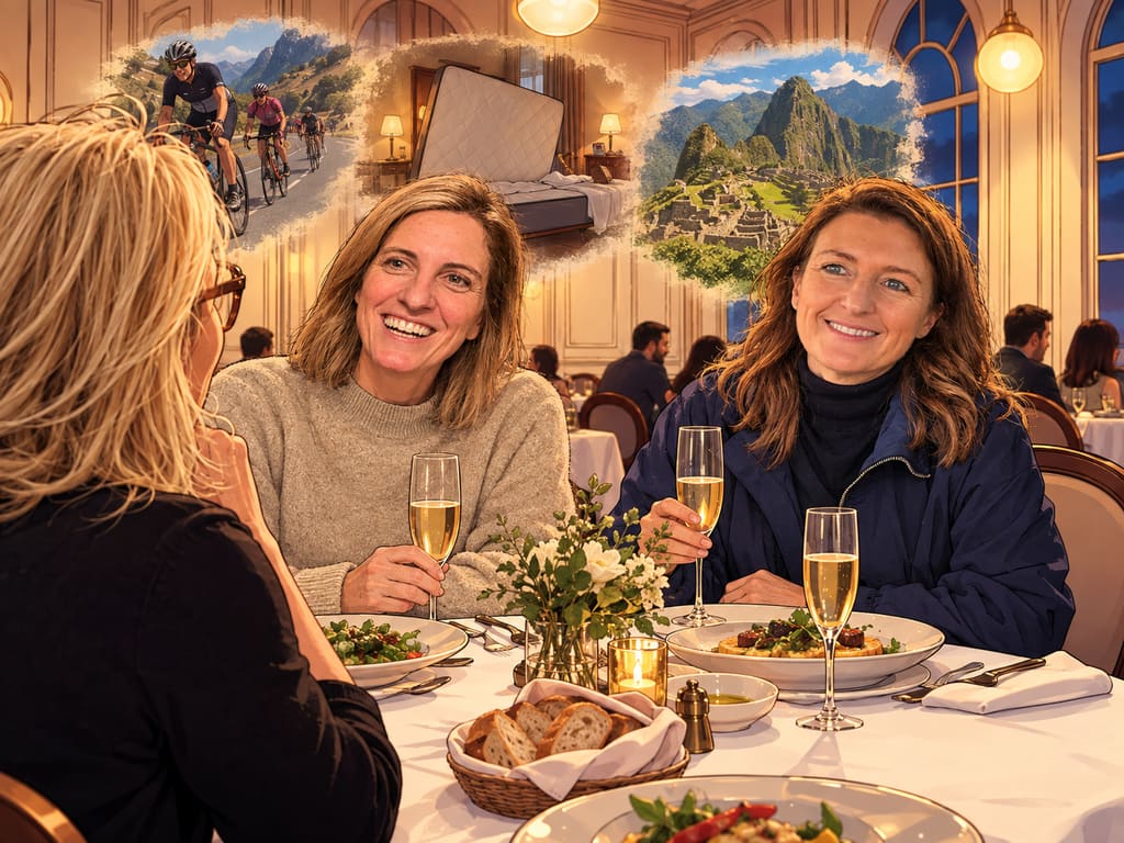 WO STERNE VERSPROCHEN WERDEN — page 8 panel 2: Die drei sitzen weiterhin in derselben Reihenfolge und lachen. Hinter ihnen erscheinen als dezente Erinnerungsbilder Rennräder, eine umgedrehte Hotelmatratze und die Landschaft Südamerikas.
