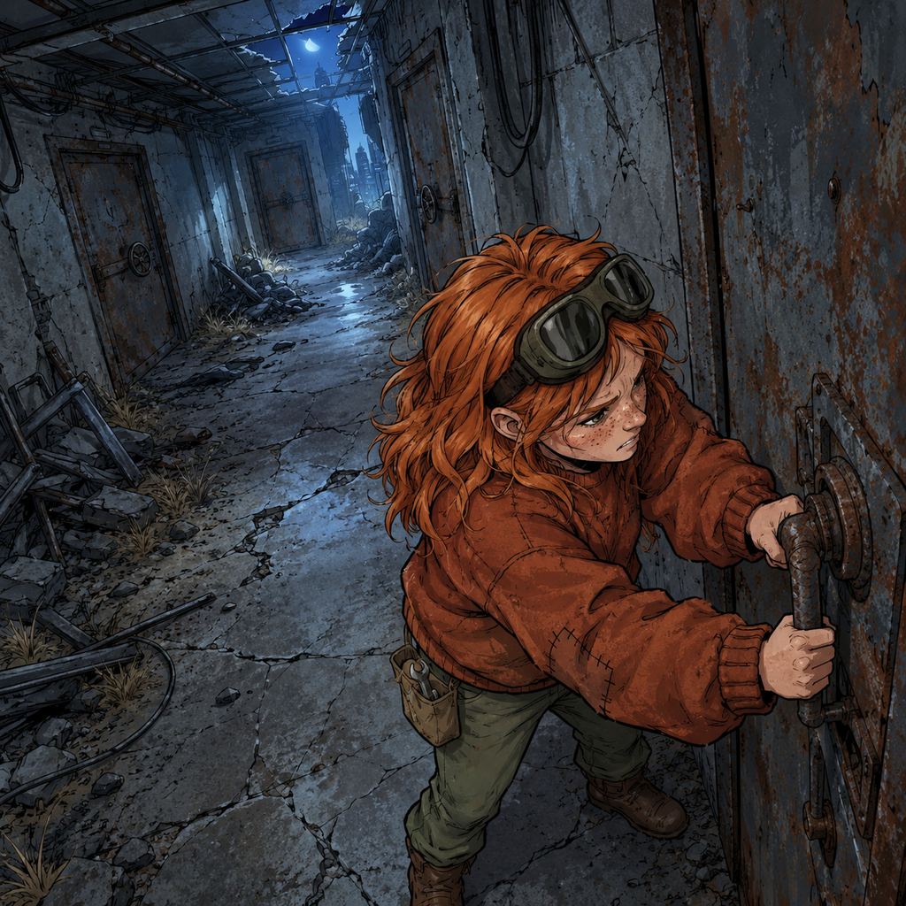 Ivy dans le paysage post-apocalyptique — page 10 panel 2: Ivy essaie une première porte, puis une deuxième. Toutes restent bloquées par la rouille et les années d'abandon.