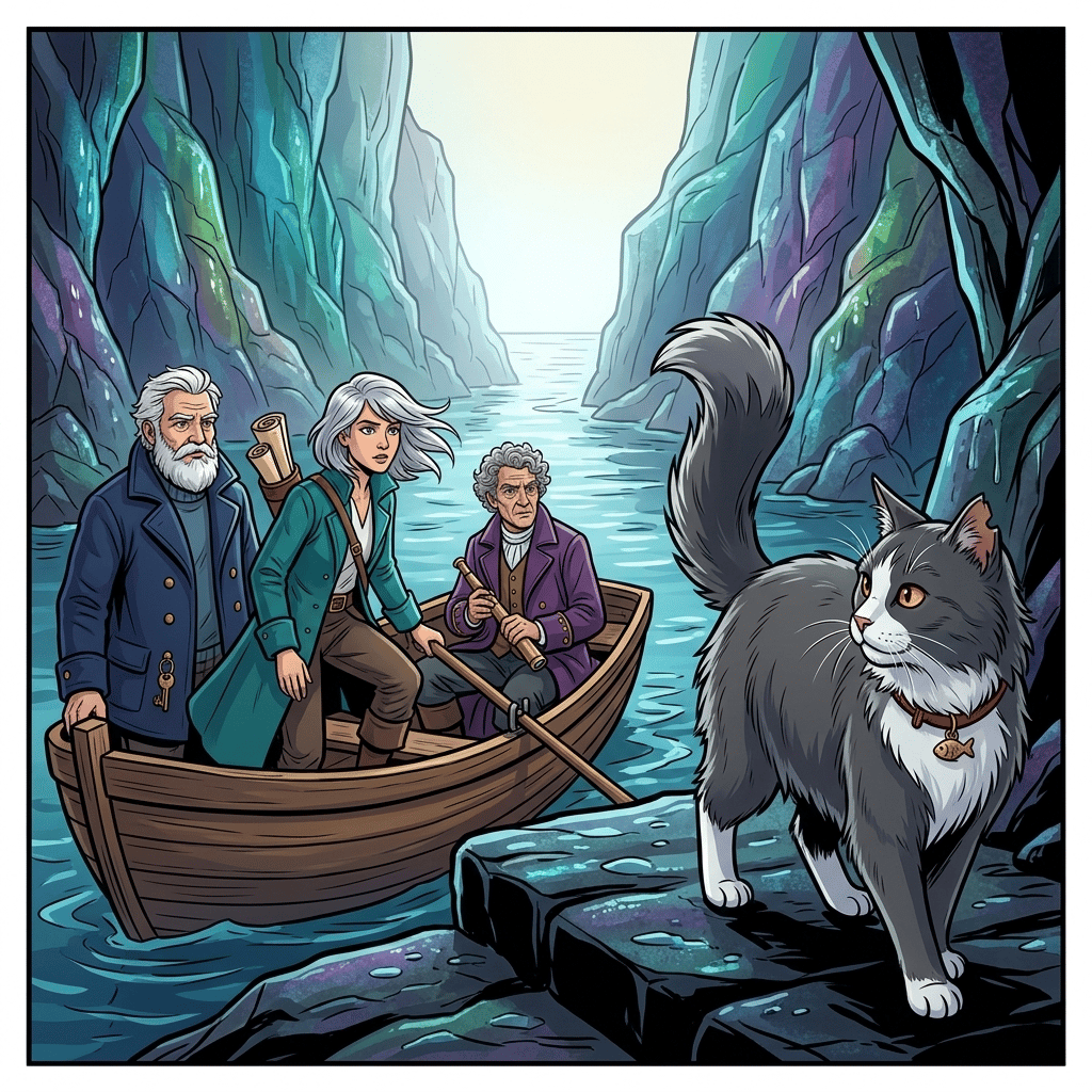 The Moving Sea — page 10 panel 4: Brine springs from the rail to a low shelf of black stone inside the cove. He looks back and flicks his tail, inviting the others to follow while the water behind him slowly closes.