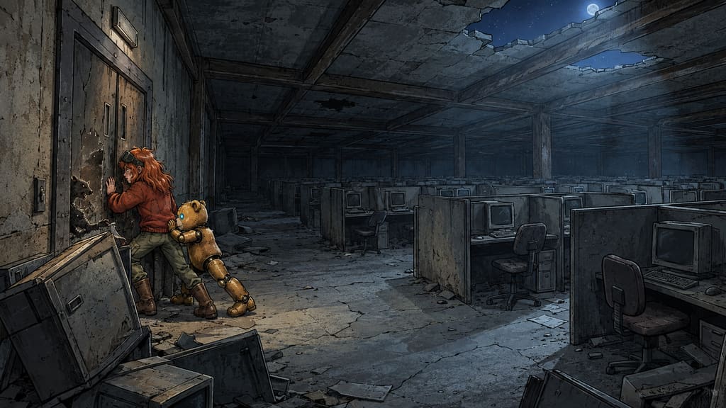 Ivy dans le paysage post-apocalyptique — page 11 panel 2: Ivy tire Ted à l'intérieur du bureau. Ils referment ensemble la porte et poussent un vieux bureau contre elle.