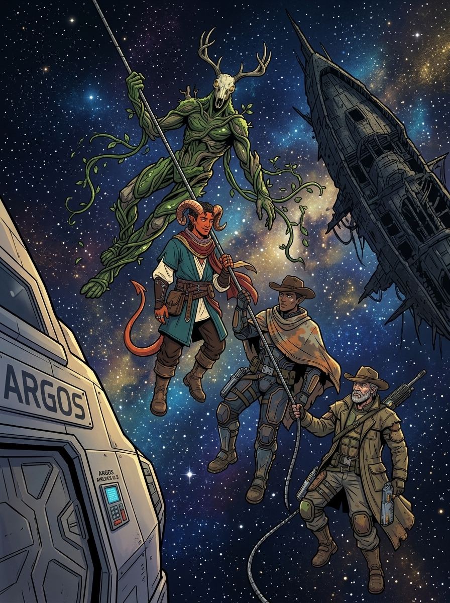 Altir's Fall — page 12 panel 1: The team suits up and crosses the vacuum of space along a tether line toward the dark derelict ship.