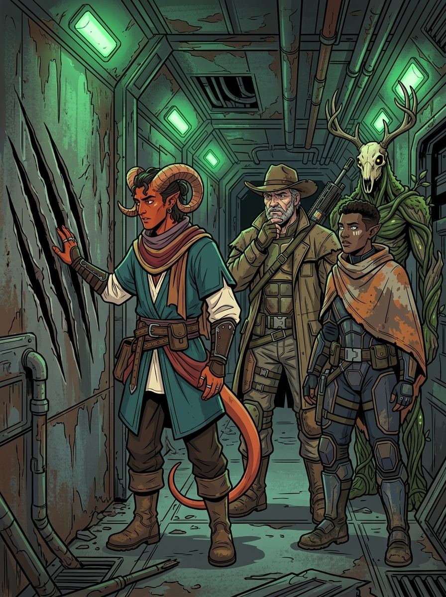 Altir's Fall — page 13 panel 1: Inside the derelict, the group discovers deep claw-like scratches scoring the walls.