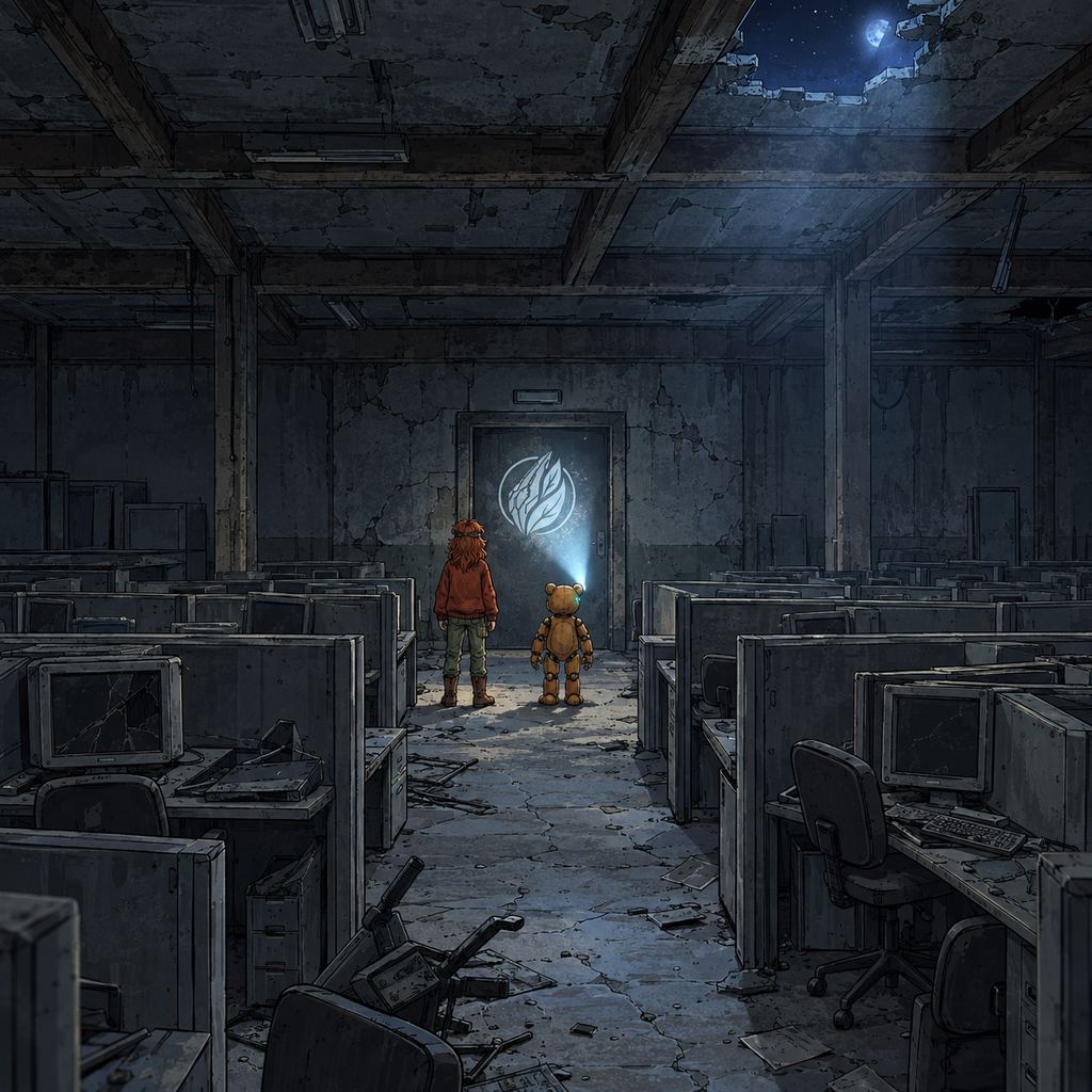 Ivy dans le paysage post-apocalyptique — page 13 panel 1: Ivy et Ted s’arrêtent devant une porte située à l’autre extrémité du vieux bureau. Dans le silence, les faisceaux lumineux des yeux défaillants de Ted glissent sur le logo Exo dessiné sur la porte.