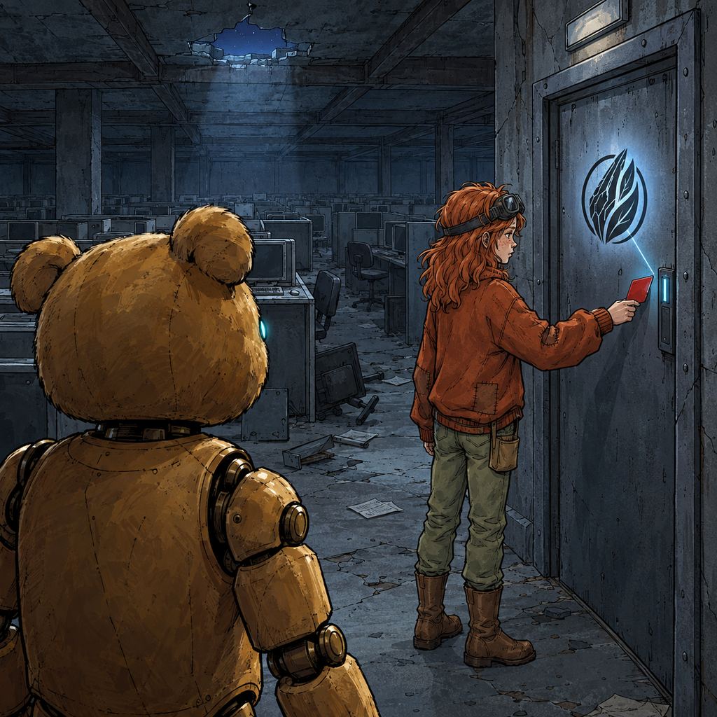 Ivy dans le paysage post-apocalyptique — page 13 panel 4: Ivy tend la carte rouge vers la serrure. Ted se place près d’elle, ses yeux éclairant à la fois la carte et le logo Exo, tandis que la porte semble enfin leur offrir une chance.