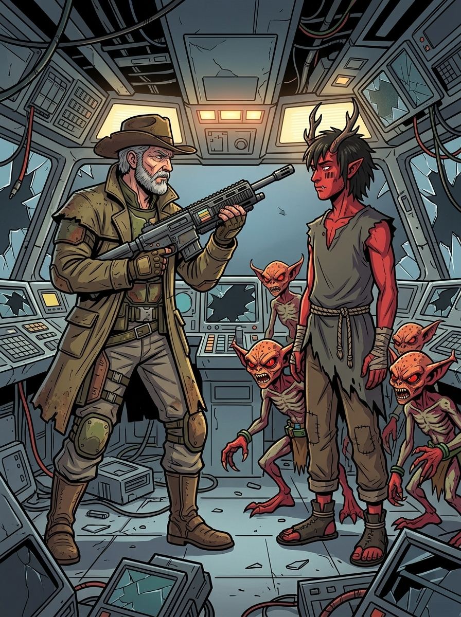 Altir's Fall — page 14 panel 1: The group reaches the helm, confronting several Ravagers and a tall hybrid named Alpha.