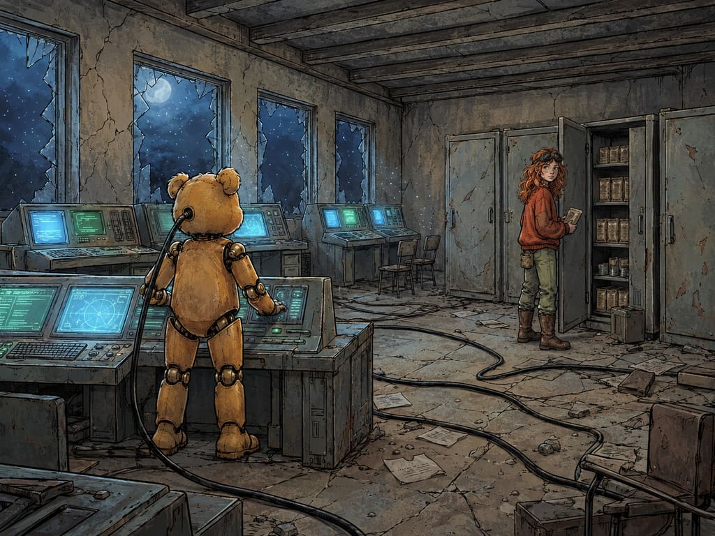 Ivy dans le paysage post-apocalyptique — page 15 panel 1: Ted poursuit son piratage devant la console centrale. Son câble reste branché sur le côté gauche de sa tête tandis qu’Ivy se tient près de lui, encore contrariée par la découverte de la réserve intacte.