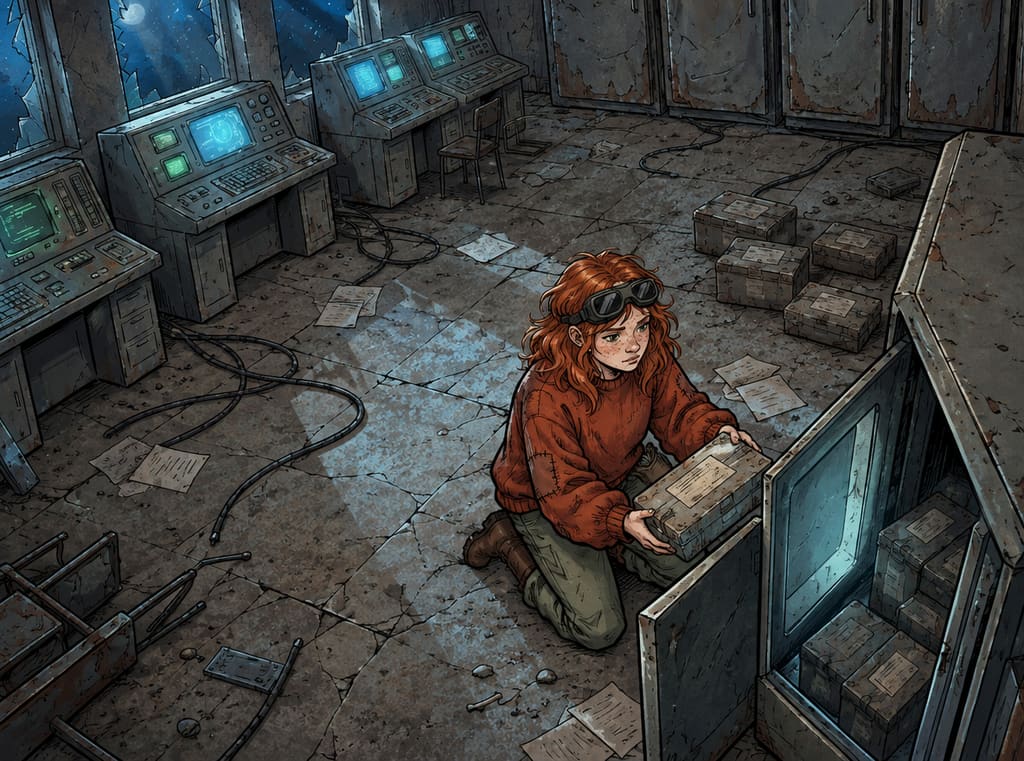 Ivy dans le paysage post-apocalyptique — page 14 panel 4: Pendant que Ted pirate le système, Ivy fouille le fond de la pièce. Elle ouvre une armoire métallique et découvre plusieurs boîtes de nourriture de secours couvertes de poussière.
