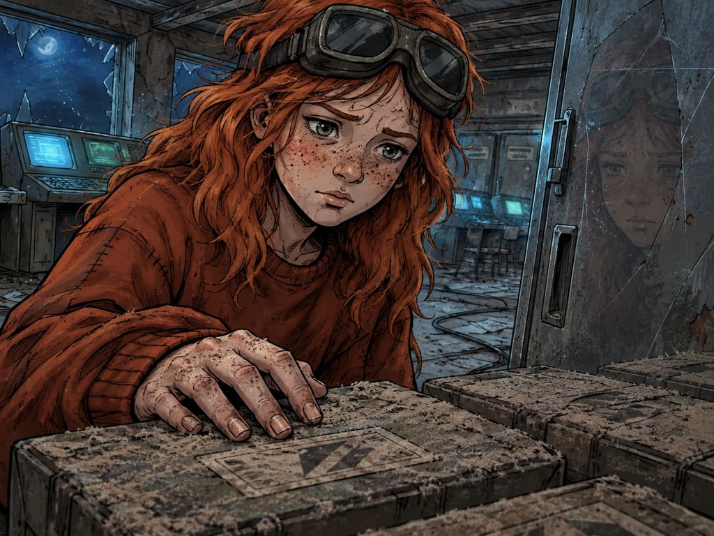 Ivy dans le paysage post-apocalyptique — page 14 panel 5: Ivy examine les boîtes une à une. Elles sont intactes, leurs emballages ternis par la poussière, comme si personne n’avait ouvert la réserve depuis l’abandon du bâtiment.