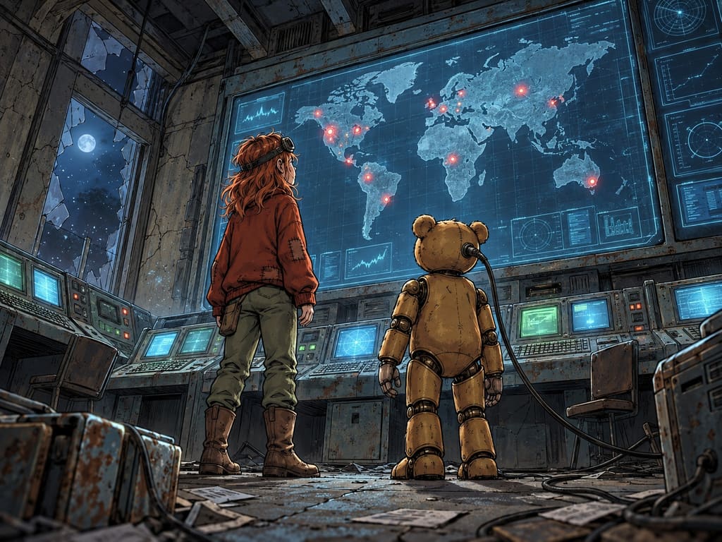 Ivy dans le paysage post-apocalyptique — page 15 panel 5: L’écran principal s’illumine soudainement. Une carte du monde apparaît devant Ivy et Ted, marquée de plusieurs points rouges. Tous deux se tournent vers cette révélation.
