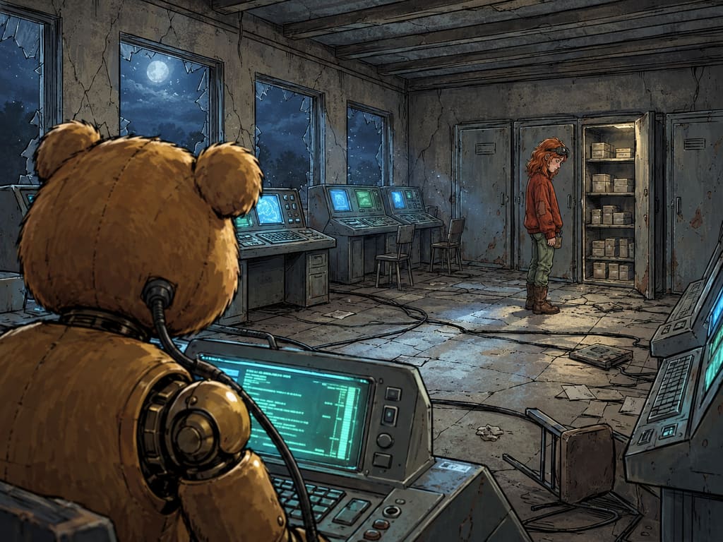 Ivy dans le paysage post-apocalyptique — page 14 panel 6: Ivy reste immobile devant la réserve ouverte. Elle comprend que son père n’est pas passé par cette salle de contrôle. Au loin, Ted continue de pirater le système, sans voir immédiatement la déception sur le visage d’Ivy.