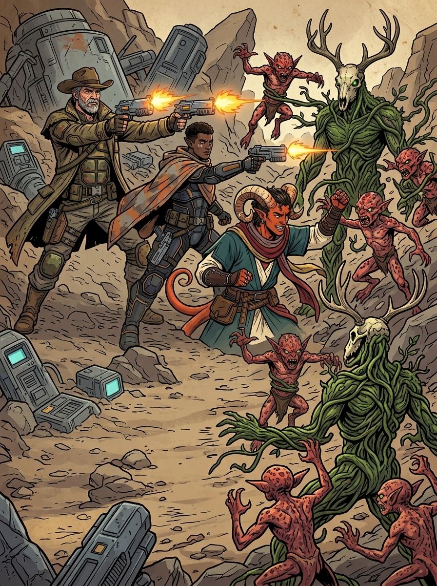 Altir's Fall — page 16 panel 1: A skirmish erupts as the Ravagers attack, forcing the group to fight defensively.