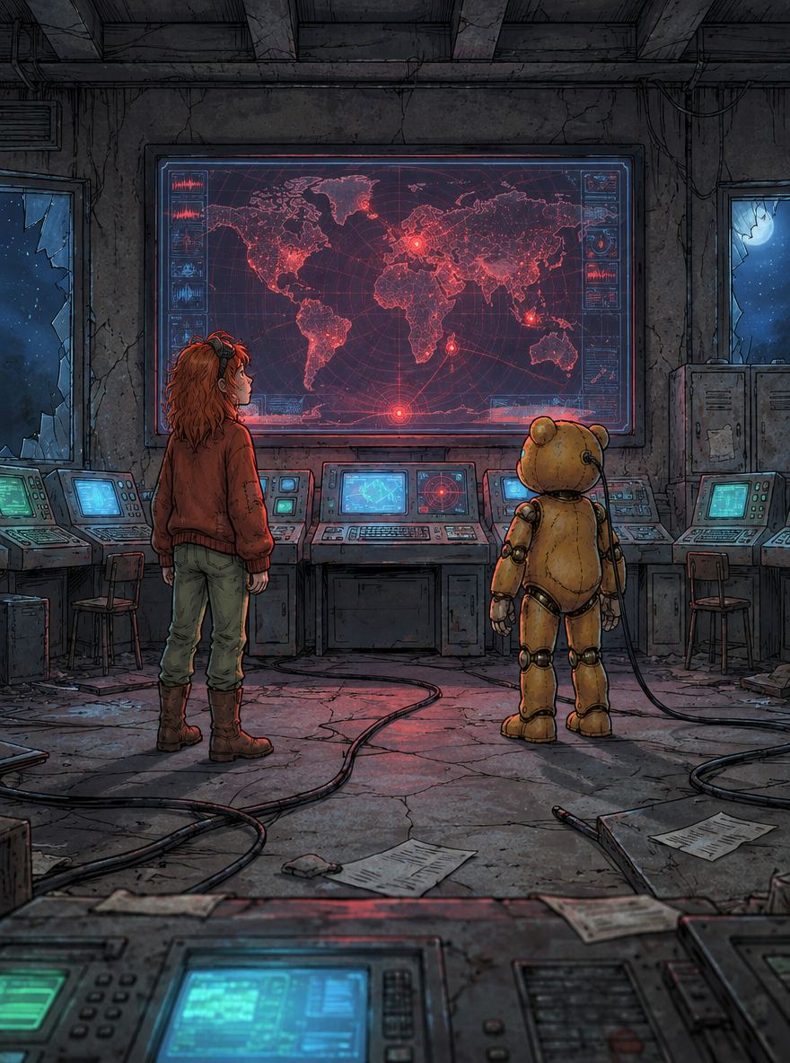 Ivy dans le paysage post-apocalyptique — page 16 panel 1: Ivy et Ted restent face à la carte du monde illuminée. Ted est toujours relié à la machine, et tous deux contemplent les nombreux points rouges avec émerveillement.