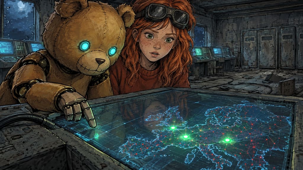 Ivy dans le paysage post-apocalyptique — page 16 panel 3: Ted répond en faisant apparaître plusieurs points verts. La carte se resserre sur l’Europe, où trois points verts brillent parmi les zones rouges et les terres assombries.