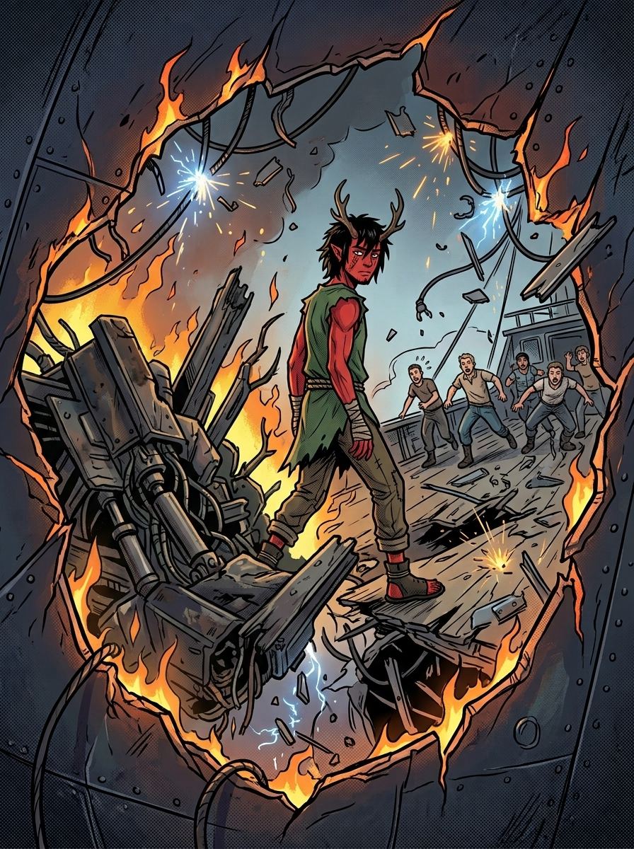 Altir's Fall — page 17 panel 1: A Ravager ship rams the derelict, and Alpha calmly escapes onto it amid the chaos.