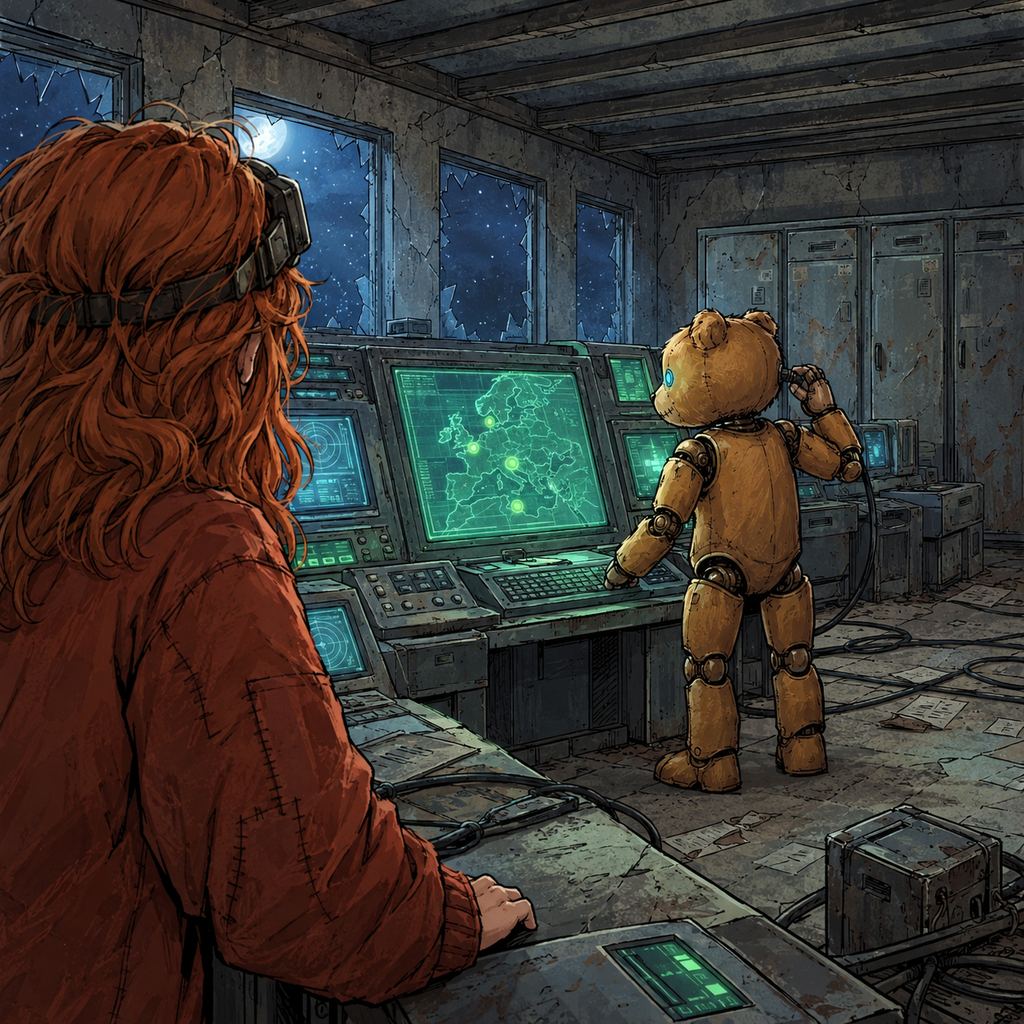 Ivy dans le paysage post-apocalyptique — page 17 panel 1: Ted se débranche de la console. Le câble quitte le côté de sa tête tandis que les trois points verts restent lumineux sur la carte de l’Europe.