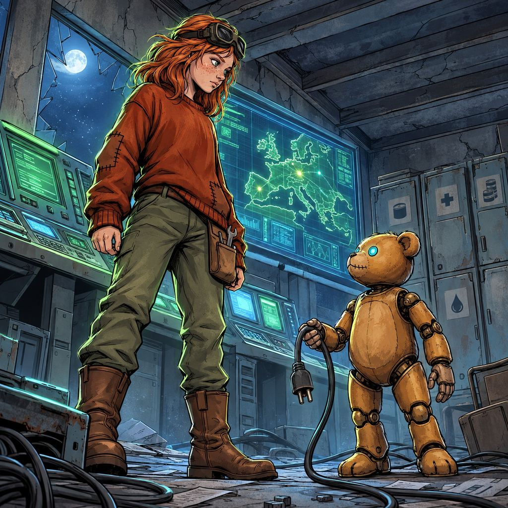 Ivy dans le paysage post-apocalyptique — page 17 panel 2: Ted tient le câble débranché entre ses mains et regarde Ivy avec attention. Ivy, déjà décidée, se redresse près de la console.