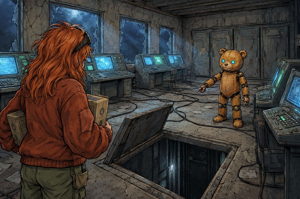 Ivy dans le paysage post-apocalyptique — page 18 panel 2: Ivy s’approche de la trappe avec ses deux cartons de ration sous les bras. Elle se penche prudemment au bord tandis que Ted lui explique que le passage rejoint le conduit d’un ascenseur.