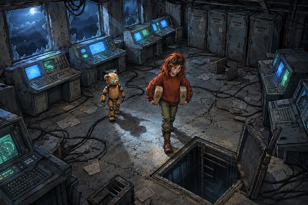 Ivy dans le paysage post-apocalyptique — page 18 panel 5: Ivy se dirige vers la trappe avec les deux cartons toujours coincés sous ses bras. Ted la suit à sa petite taille, tandis que l’ouverture noire attend au fond de la salle et que les écrans continuent de luire derrière eux.