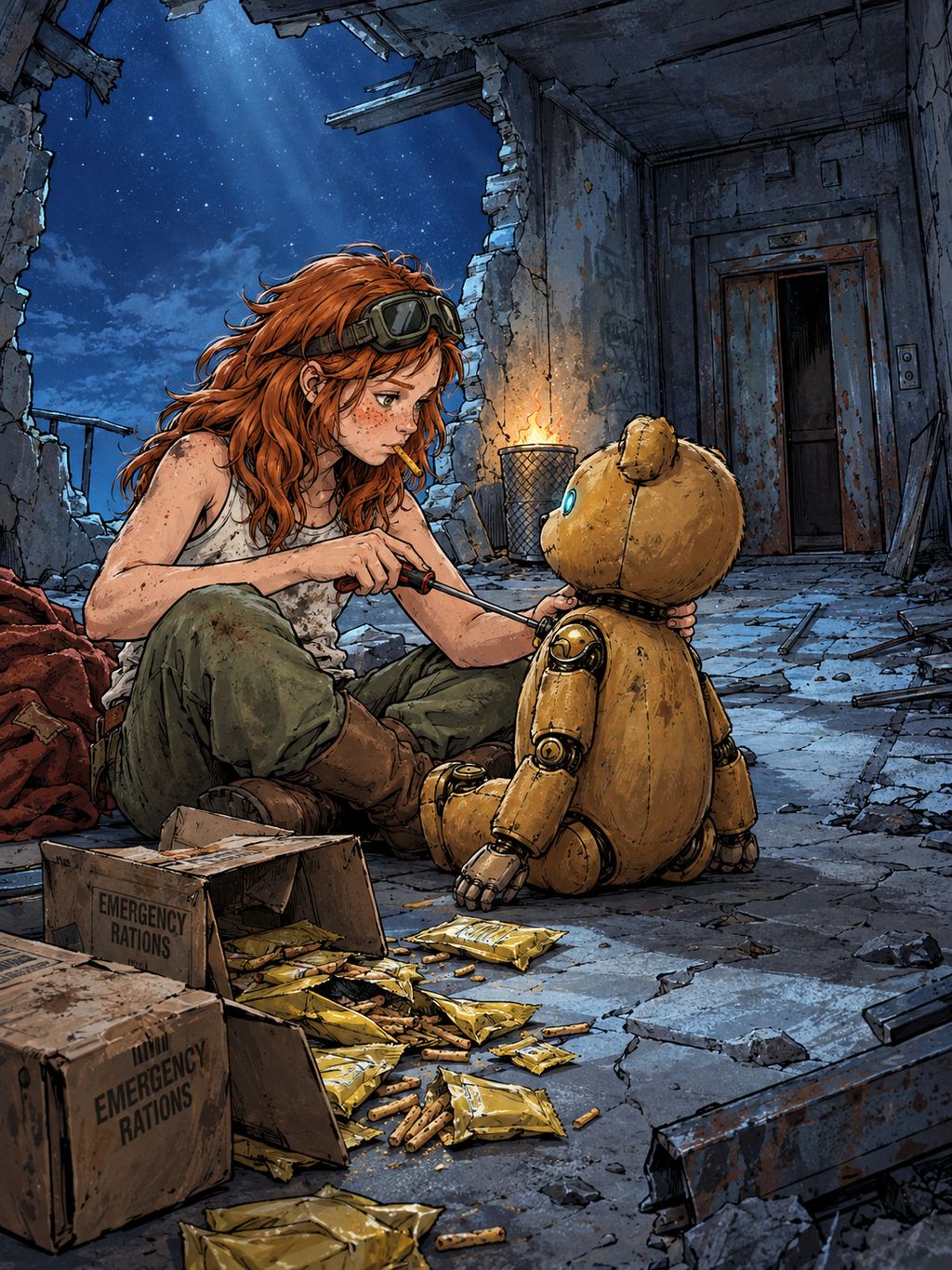 Ivy dans le paysage post-apocalyptique — page 19 panel 1: Plus tard, au sommet de la tour, Ivy et Ted se reposent dans les restes d’un appartement privé ouvert sur le ciel. Ted est assis devant Ivy, dos à elle, moitié moins grand qu’elle, tandis qu’Ivy resserre quelque chose à l’arrière de sa tête avec un tournevis et s’empiffre de rations de survie, la bouche pleine. Son pull ample rouge rouille rapiécé est abandonné en boule dans un coin, et la porte d’ascenseur par laquelle ils sont arrivés demeure visible derrière eux.