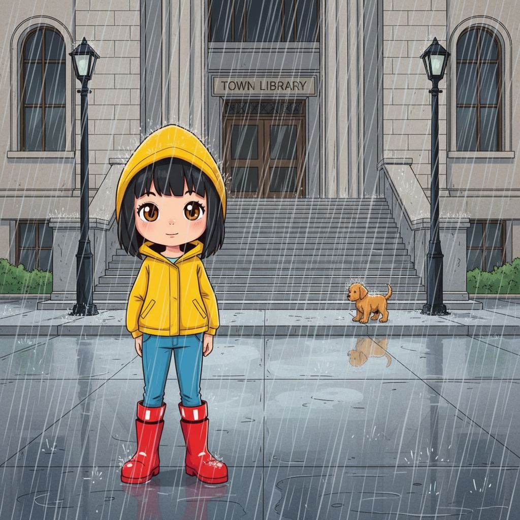 Maya and the Golden Paw — page 1 panel 1: A quiet, rainy afternoon outside the town library. Rain streaks down the windows as Maya, seeking refuge, spots a small, forlorn figure by the steps, her heart immediately going out to it.