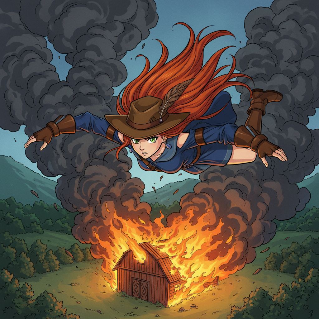 Skye the Sky-Rider: Valley Rescue — page 1 panel 1: From her vantage point high above, Skye spots a plume of thick, black smoke rising from the valley floor. Her heart clenches as she recognizes the shape of a barn, now engulfed in flames. Determination hardens her features as she dives, a streak of blue against the vast, smoky sky.