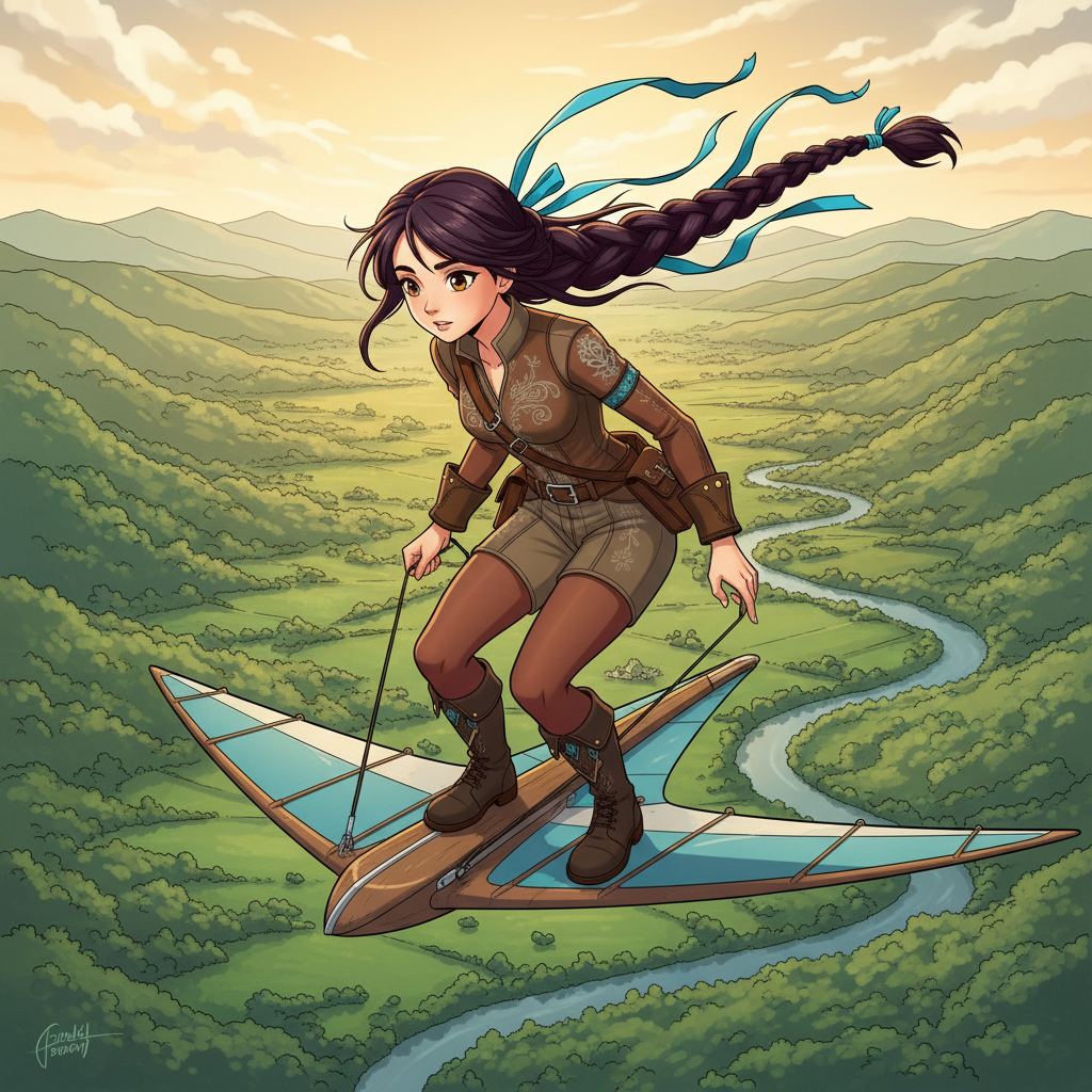 The Sky-Rider's Rescue — page 1 panel 1: High above a peaceful, sun-drenched valley, Skye glides effortlessly on her wind-glider, enjoying the serenity of the morning. Below, the valley unfolds like a patchwork quilt of green fields and winding rivers.