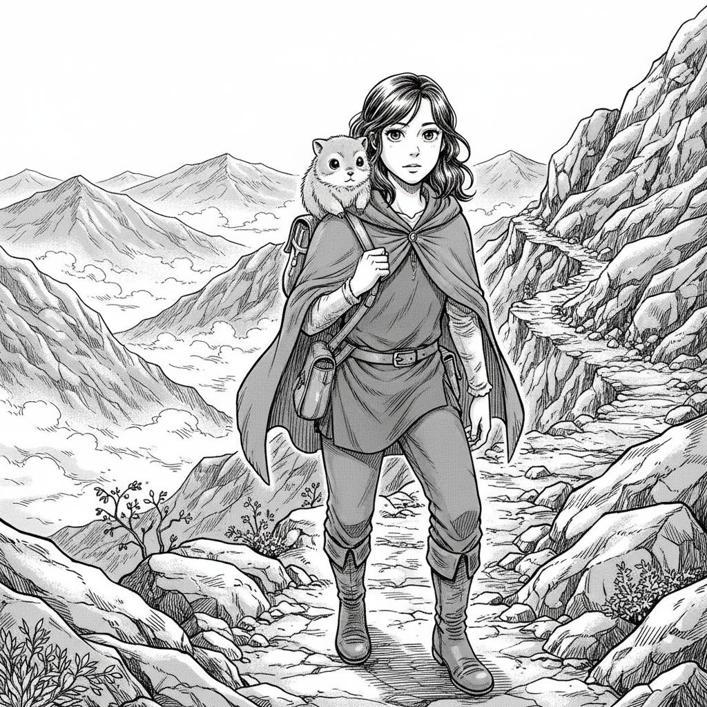 The Silent Ridge — page 1 panel 1: Elara and Pip begin their arduous ascent up a winding, rocky path. The air is crisp, and a faint mist already clings to the lower slopes, hinting at the thick fog ahead. Elara's expression is one of focused determination, her breath visible in the cold air.