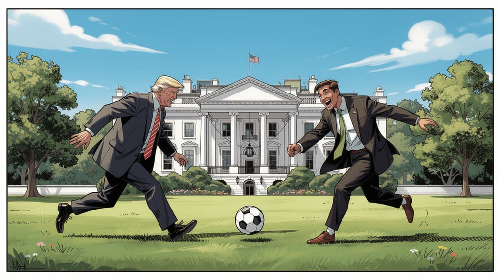 白宫草坪上的争执 — page 1 panel 1: 阳光明媚的下午,trump 和 mask 在白宫前的广阔草坪上,享受着一场随意的足球比赛。球在他们之间轻快地传递着,气氛轻松愉快。