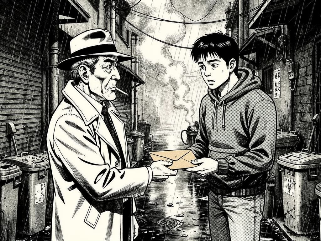 Midnight Exchange — page 1 panel 1: The old detective steps out of a narrow, rain-soaked Tokyo alley at midnight, his trench coat heavy with moisture. A young informant, almost a shadow, appears to slip a brown envelope into his hand.