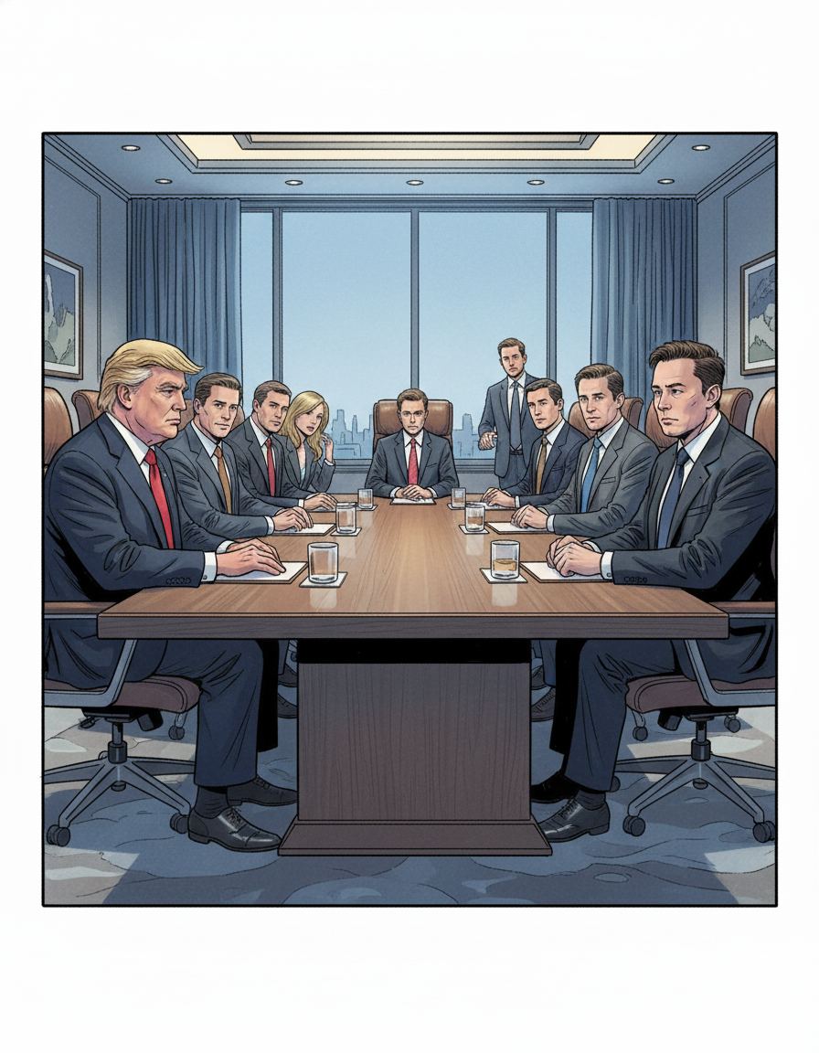 会议风波:trump 和 mask 的冲突 — page 1 panel 1: 一场重要的会议正在进行,气氛本就紧张,trump和mask坐在长桌两端,眼神中充满警惕。
