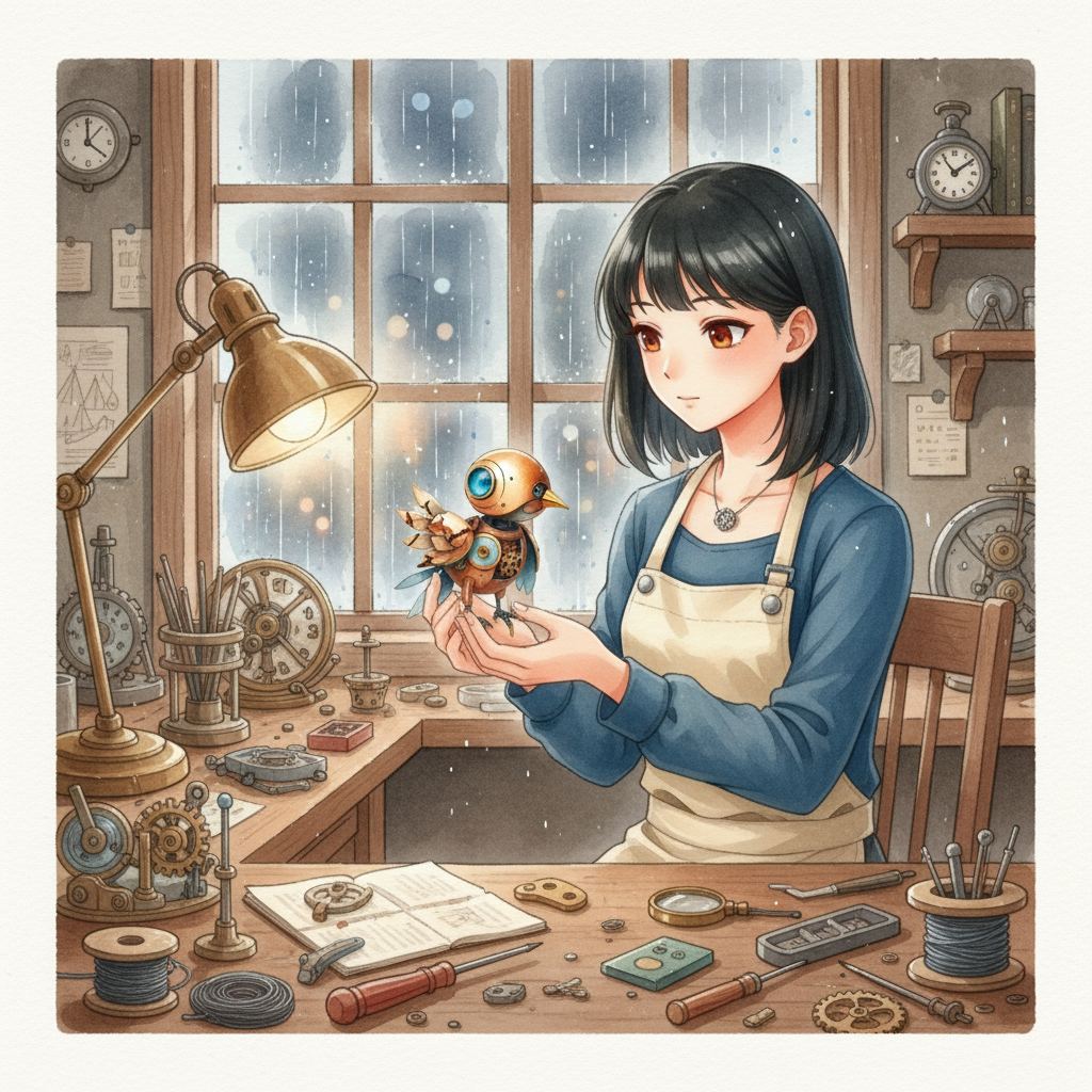 The Clockmaker and the Sky-Map: página 1, viñeta 1: In her cozy, cluttered attic workshop, Mira discovers a damaged robot bird amidst gears and clock parts. Rain streaks down the window behind her.