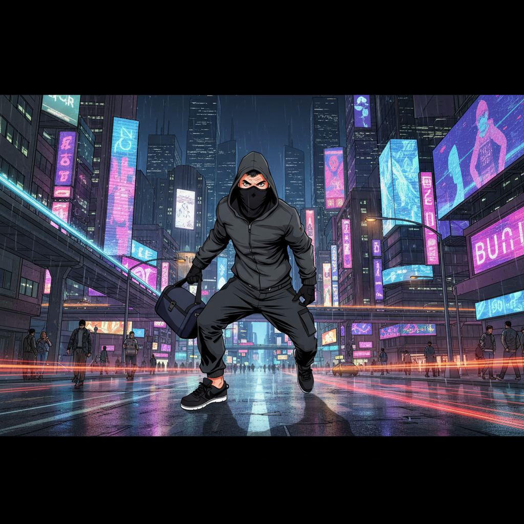 Crimson Comet: Harbor Heist — page 1 panel 1: The sprawling neon city gleams at night, a vibrant tapestry of light and shadow, unaware of the recent high-stakes theft that just occurred. The air crackles with latent energy.
