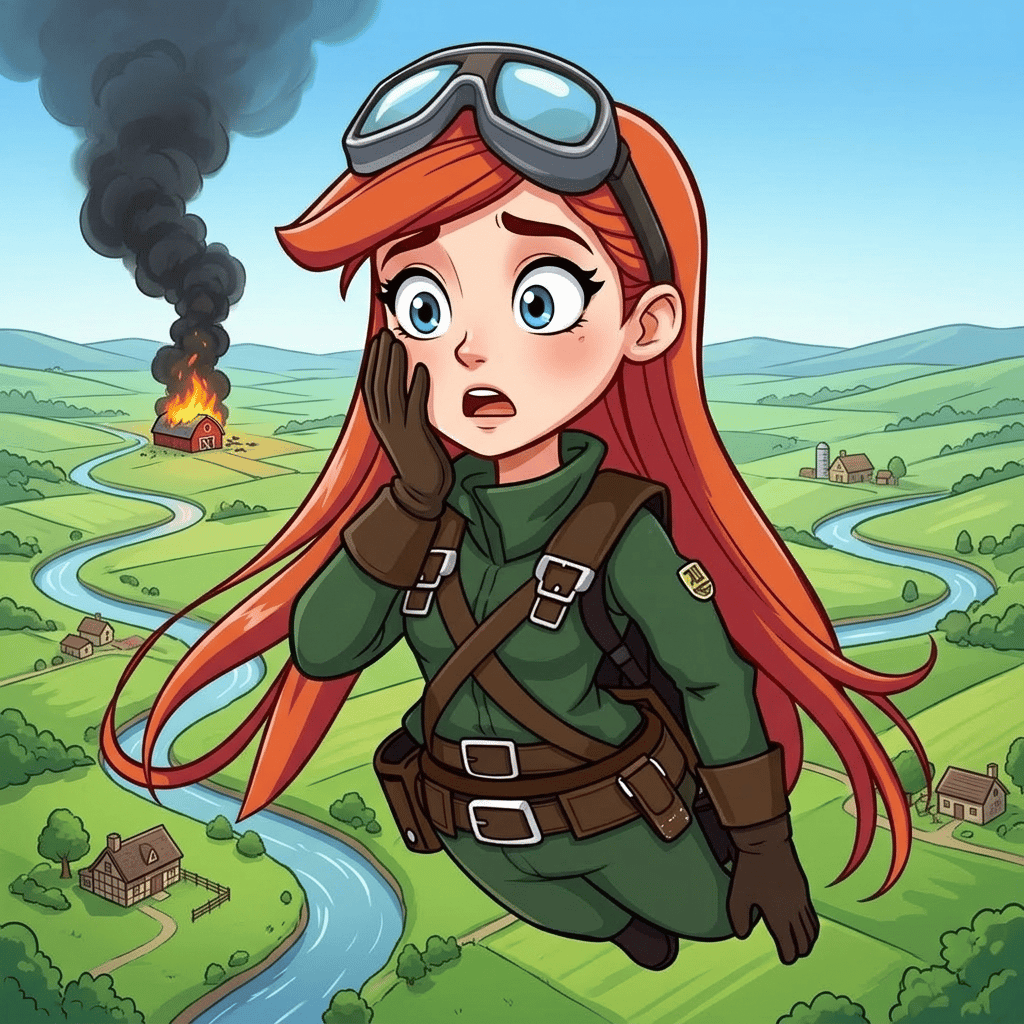 Skye the Sky-Rider: Barn Fire — page 1 panel 1: Skye, soaring peacefully above a serene valley, suddenly spots an alarming plume of black smoke rising from a barn below.