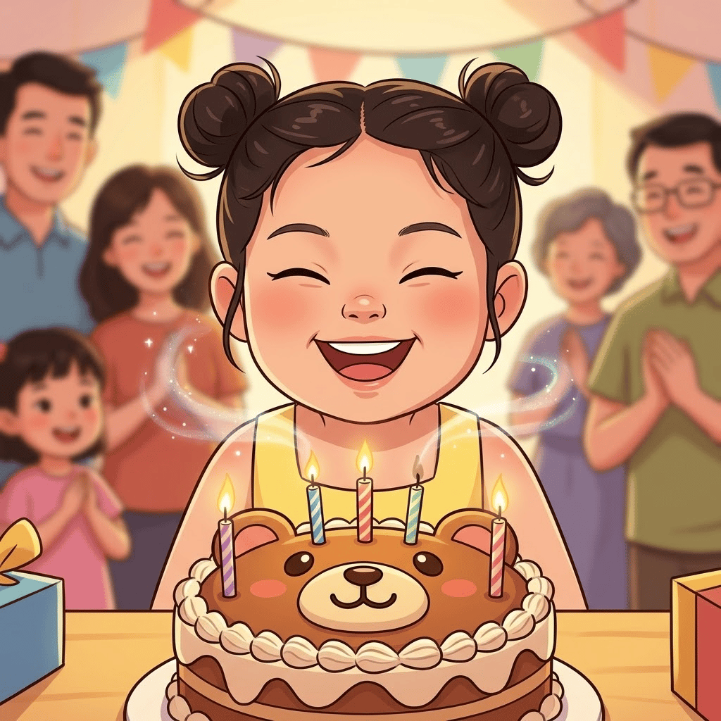 HanHan's Magical Birthday Wish — page 1 panel 1: HanHan, eyes sparkling with delight and concentration, blows out the candles on her whimsical bear-shaped birthday cake. Her family, a warm, blurry presence in the background, watches with loving smiles. A faint, magical shimmer rises from the extinguished candles as HanHan makes her heartfelt wish for a bike around grass.