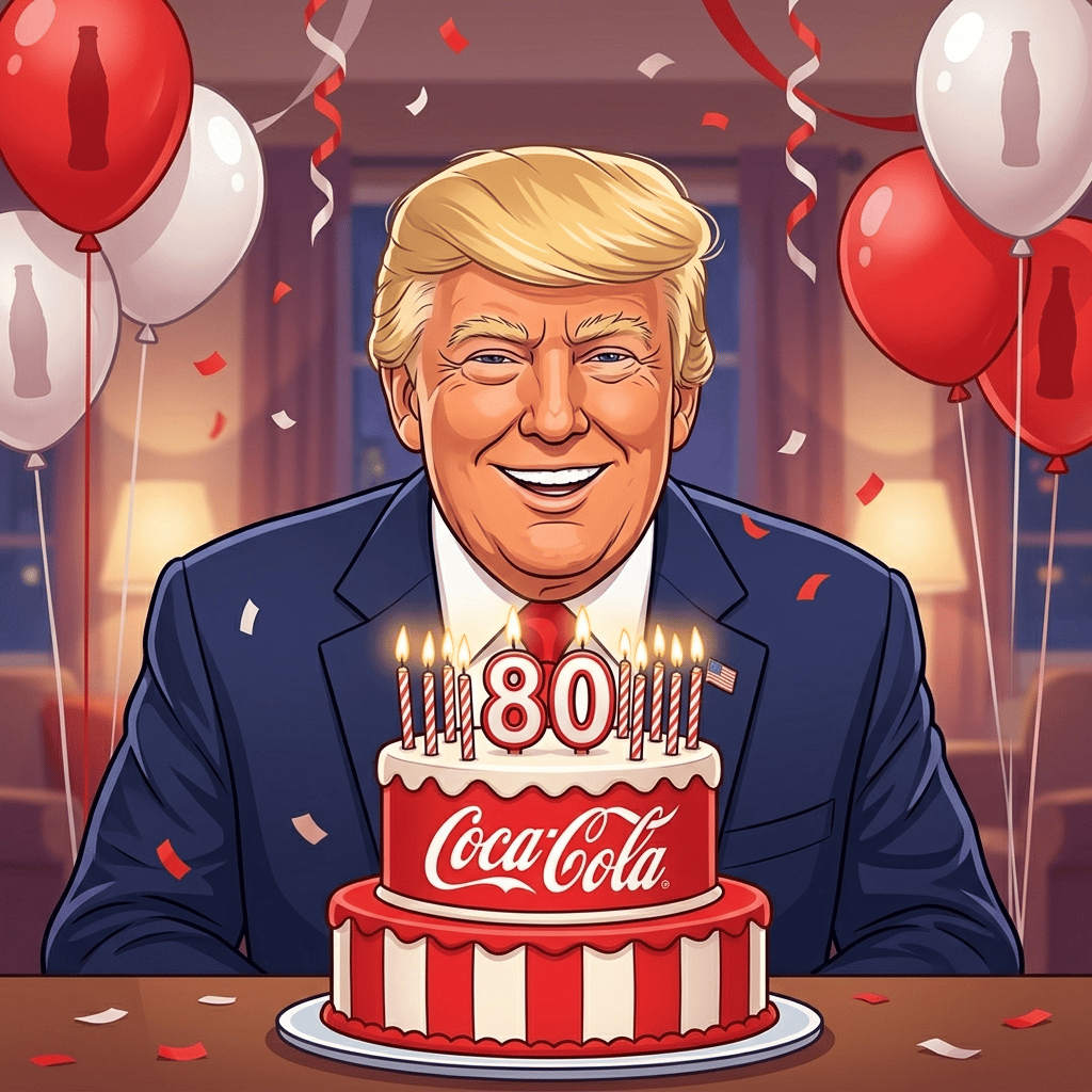 Happy 80th Birthday, trump!: página 1, viñeta 1: trump joyfully celebrates their 80th birthday, blowing out candles on a festive cake adorned with Coca-Cola motifs, surrounded by confetti and warm party lighting.