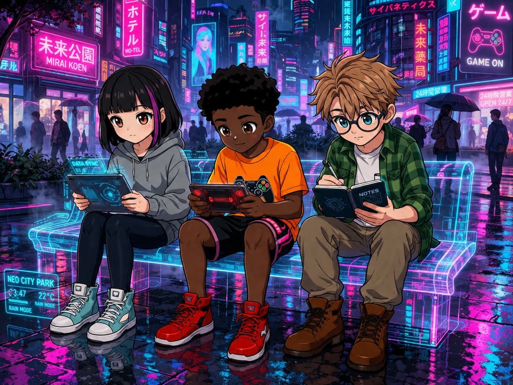 The Digital Defenders: CIVIX Adventure: página 1, viñeta 1: Three middle-school friends, Maya, Jordan, and Sam, are hanging out in a vibrant, futuristic city park, engrossed in their tablets and phones. The city hums with digital life around them.
