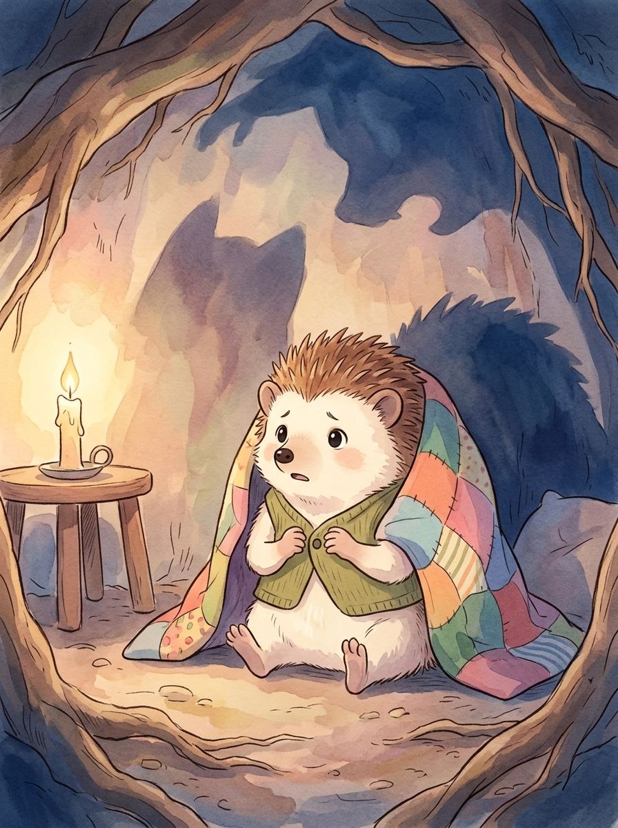 Pip and the Beautiful Dark — page 1 panel 1: Pip looks terrified in his bedroom as the lantern goes out and scary shadow shapes loom on the walls.