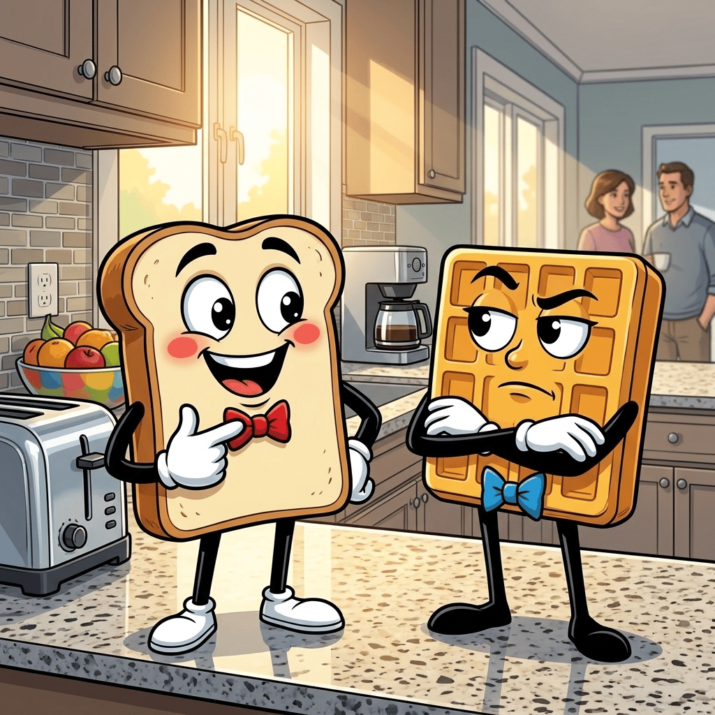 A Toasty Situation — page 1 panel 1: Toast boasts proudly to Waffle on the kitchen counter about his big plans for the day.