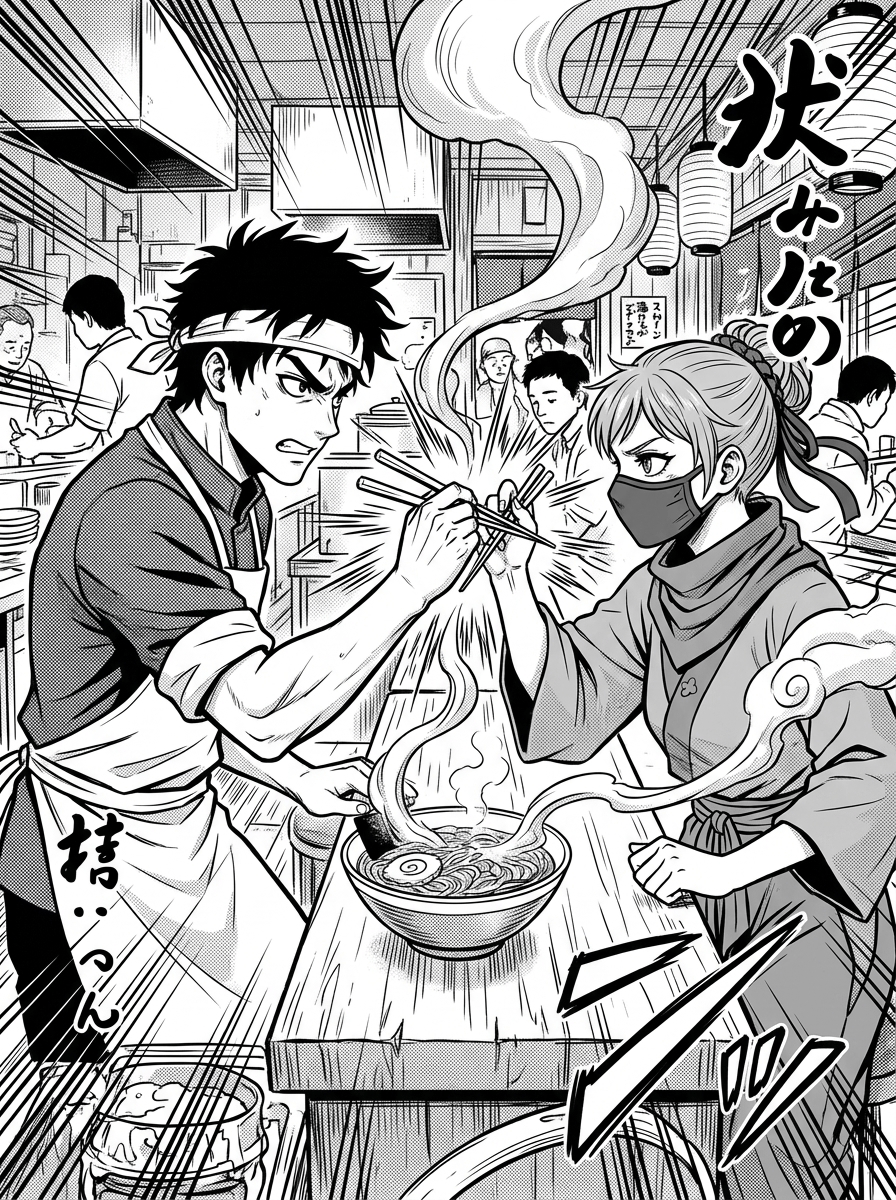 The Chopstick Duel — page 1 panel 1: Kenji and the masked stranger clash chopsticks in a blur of motion over the steaming bowl of ramen.