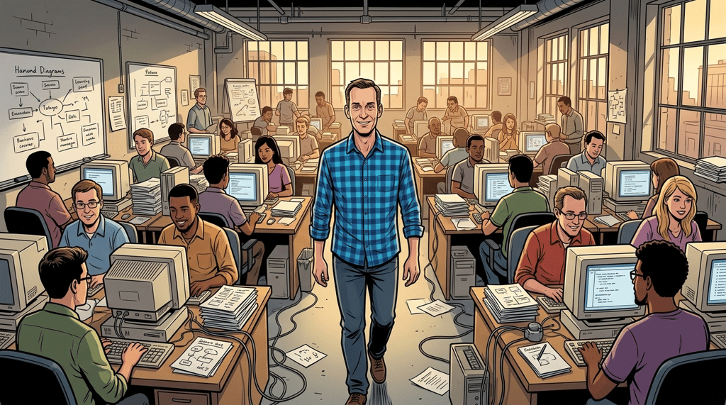 The Man Who Built Google's Brain — page 1 panel 1: In 1999, Jeff Dean arrives at a tiny, crowded Google startup office as roughly employee number thirty. He feels curious, alert, and ready to prove himself.