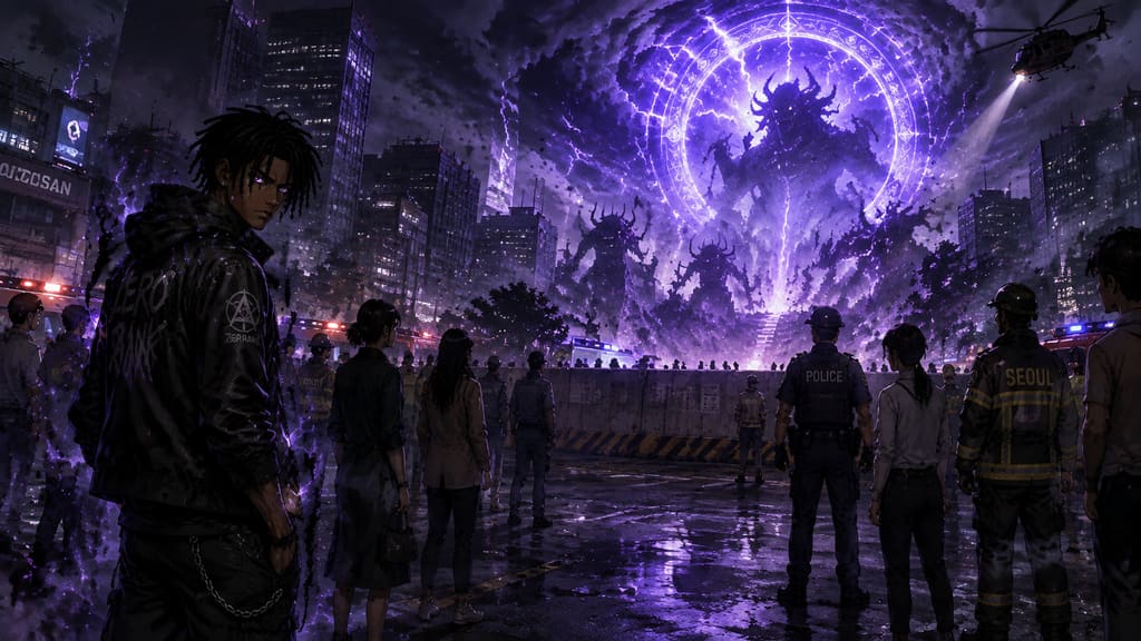 ZERO RANK — Episode 1: Rank Zero — page 1 panel 1: A city skyline is split by a glowing dimensional Gate above the streets. Humanity watches from behind barriers as monsters and strange energy spill from the opening. The world feels permanently changed.