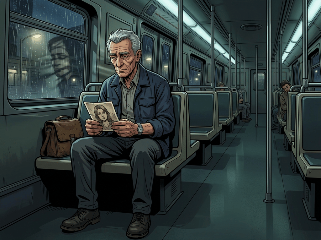 The Last Train — page 1 panel 1: Elias rides the last train of the night after a factory shift, clutching a fading photograph of Mara. Passing streetlamps stripe his exhausted face, making old memories seem to flicker across it. He feels the weight of years and the fragile possibility of seeing her again.