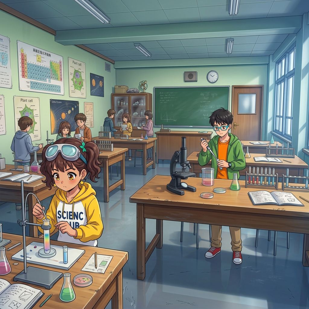 The Secret Above the City — page 1 panel 1: The science clubroom buzzes after school as Maya and Leo work side by side, comfortable in their familiar friendship.