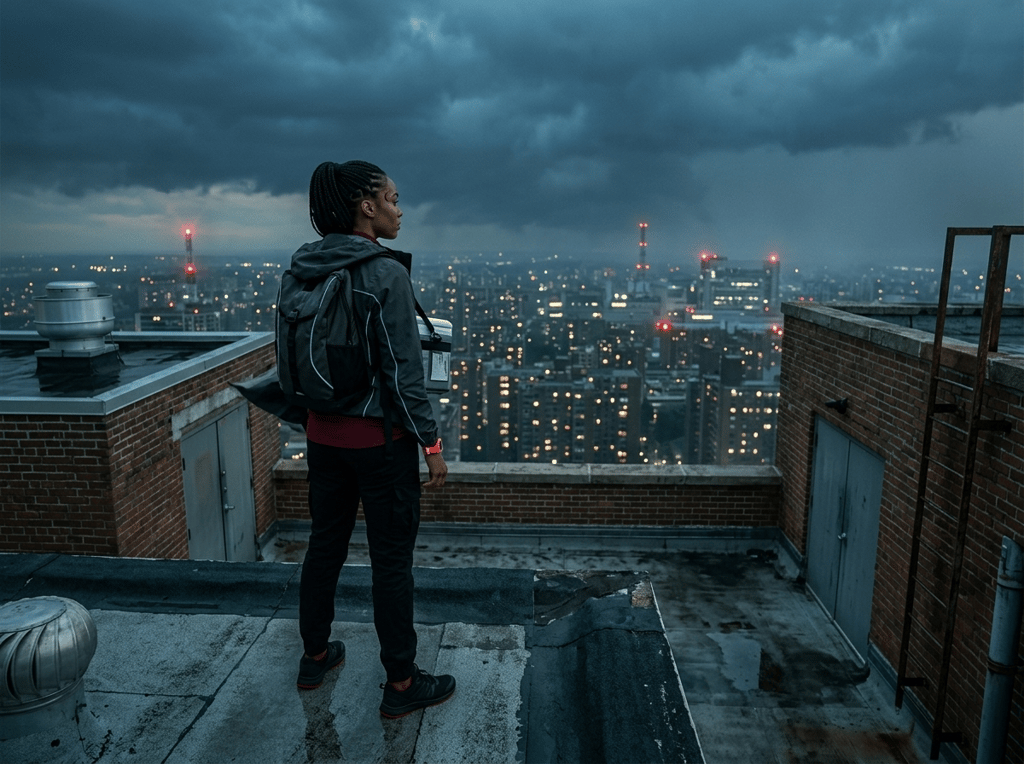 Across the Storm — page 1 panel 1: Mara stands on a high rooftop with the heart-transplant cooler secured to her chest, measuring the storm-darkened city and feeling the deadline close around her.