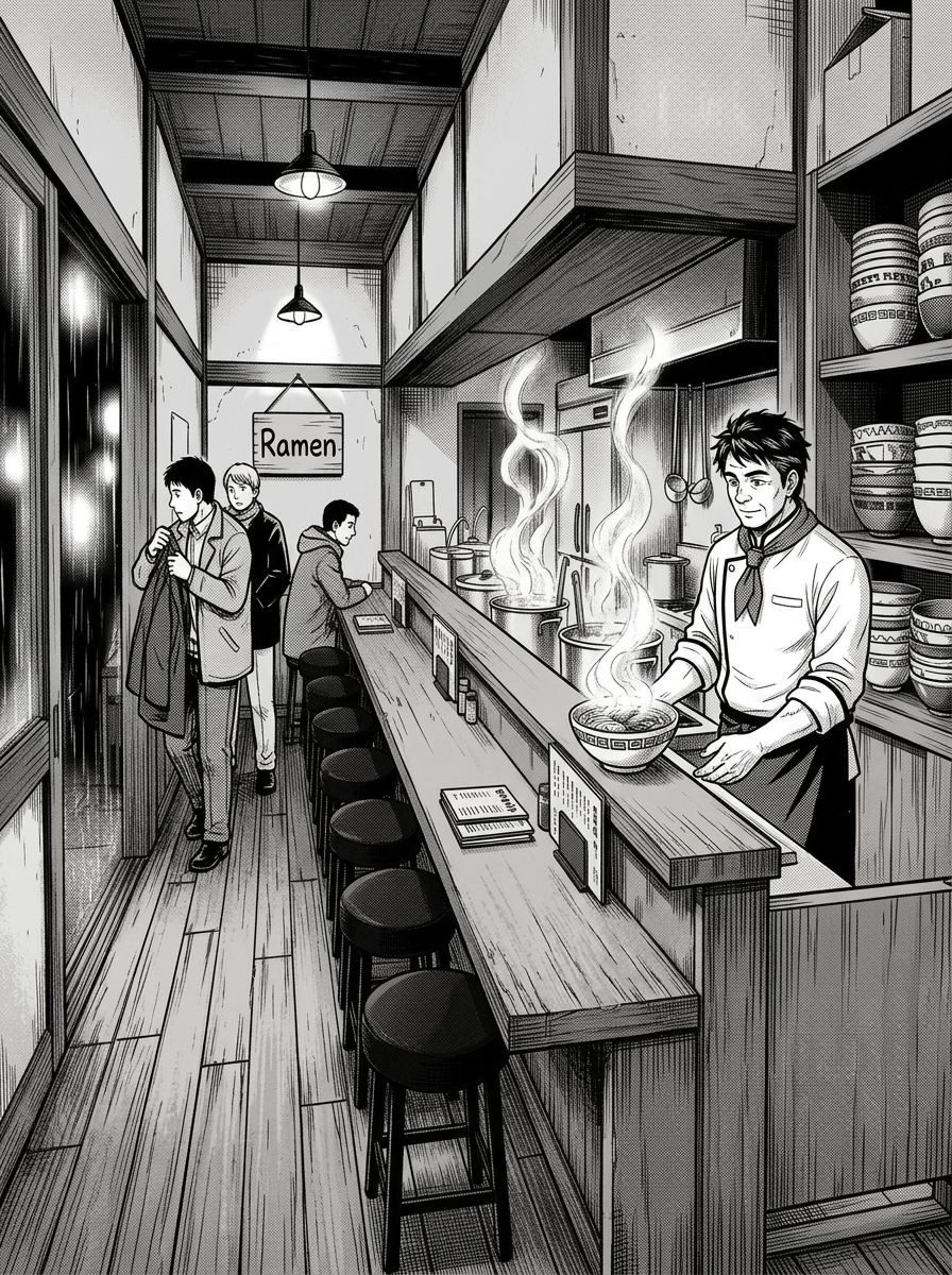 The Last Bowl — page 1 panel 1: Rain presses against the ramen shop window as the chef discovers one final bowl waiting beneath a veil of steam.