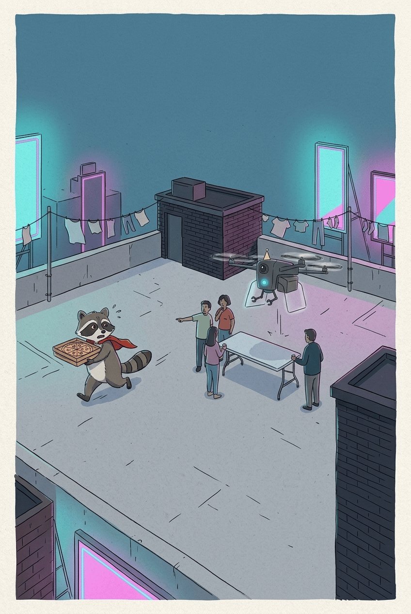 The Raccoon, the Pizza, and the Party Hat — page 1 panel 1: At a lively rooftop party, the caped raccoon swipes the whole pizza, thrilled by his daring escape as the drone notices.