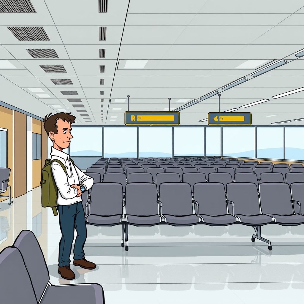 LAST FERRY – EPISODE 1 — page 1 panel 1: Marc espera al costat dels seients de la sala d’arribades i consulta el rellotge. La calma de l’alba accentua la seva impaciència continguda.